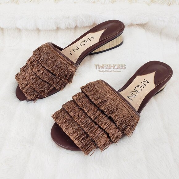 Brown fringe slip on mule clog flats - Picture 3 of 11